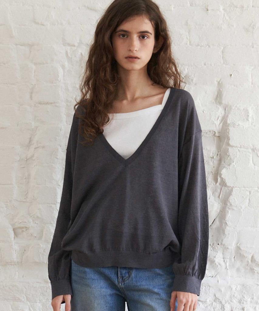 THERYE Deep V-Neck Sheer Knit(Charcoal)