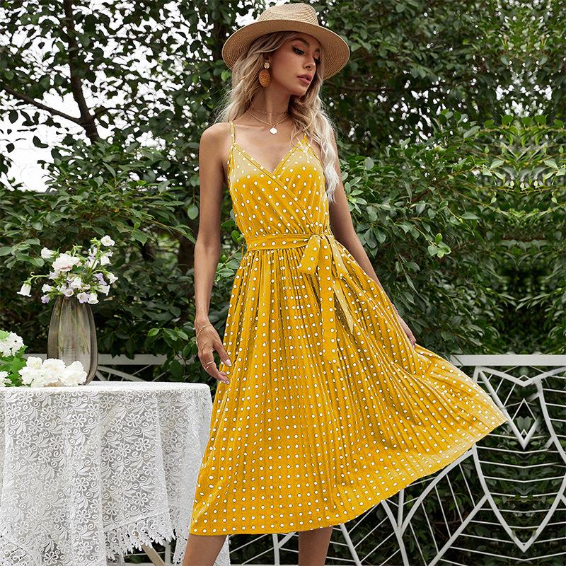 Sexy Summer V Neck Polka Dot Dress for Women A Line Lace Up Pleated Printed Slip Dress