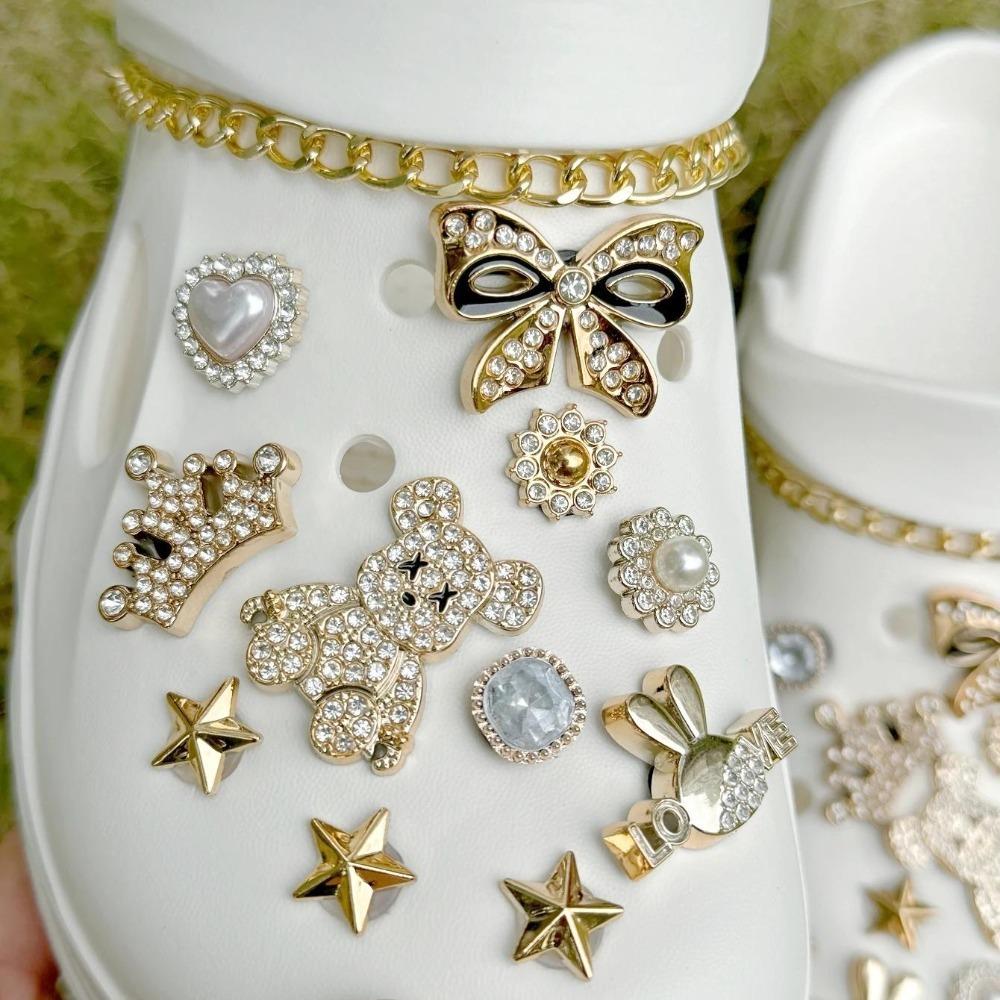 24PCS Luxury Design Shoe Charms Set Accessories for Clogs Shoe Buckle Gold Plated Bear Rhinestone Bow Chain DIY Shoes Decoration