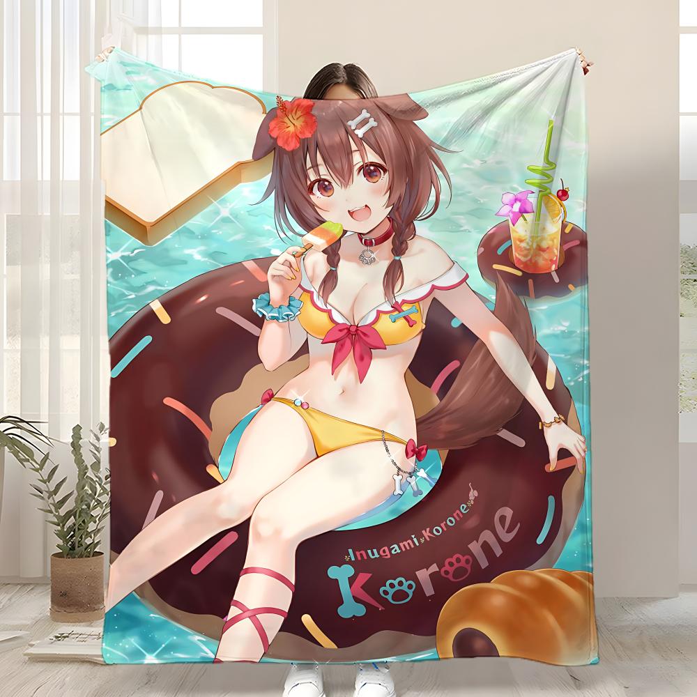 Cartoon Inugami Korone Throw Kid-Friendly Flannel Throw Blanket Soft Warm Anti-Static Washable All Season