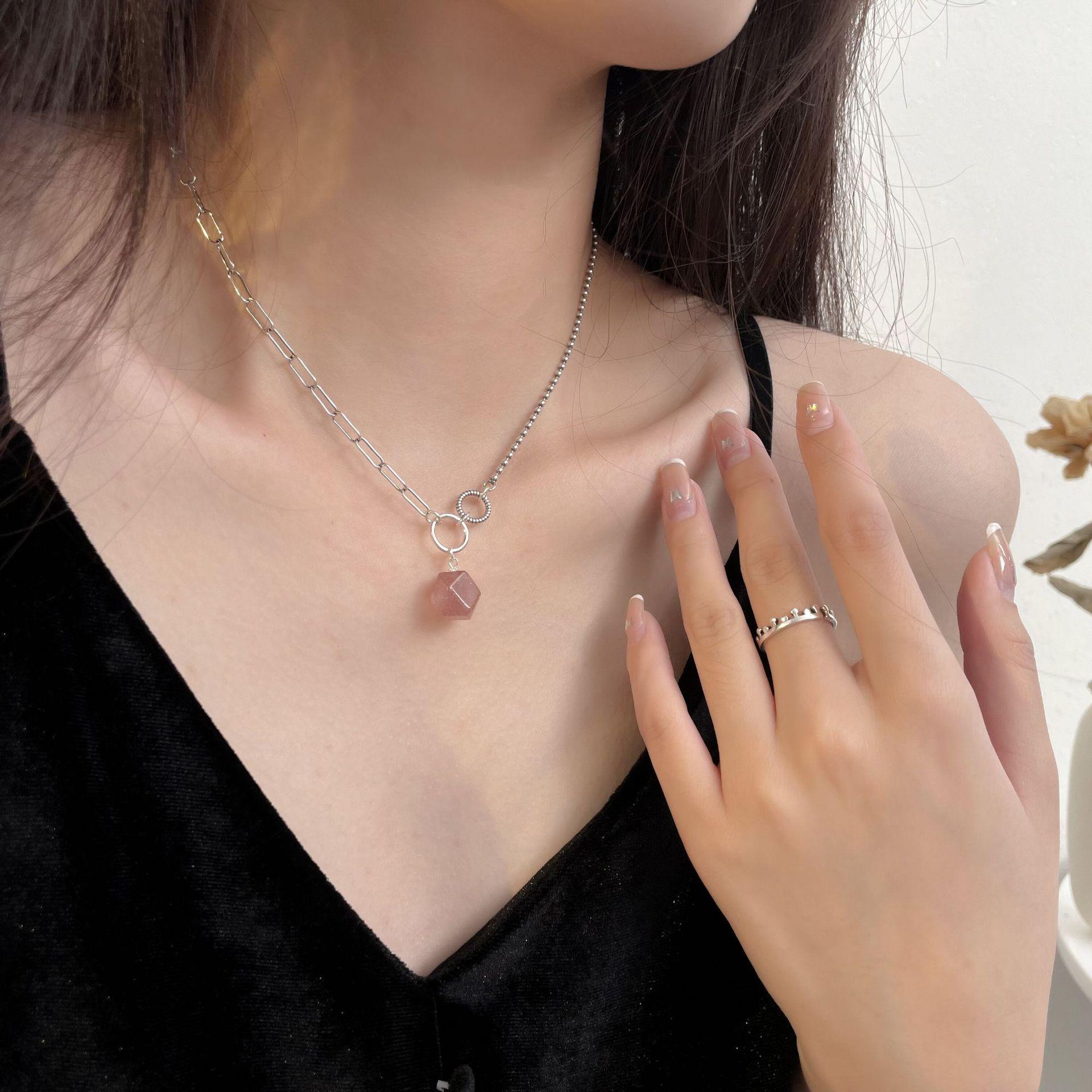 

Korean S925 Sterling Silver Pink Strawberry Quartz Necklace for Women