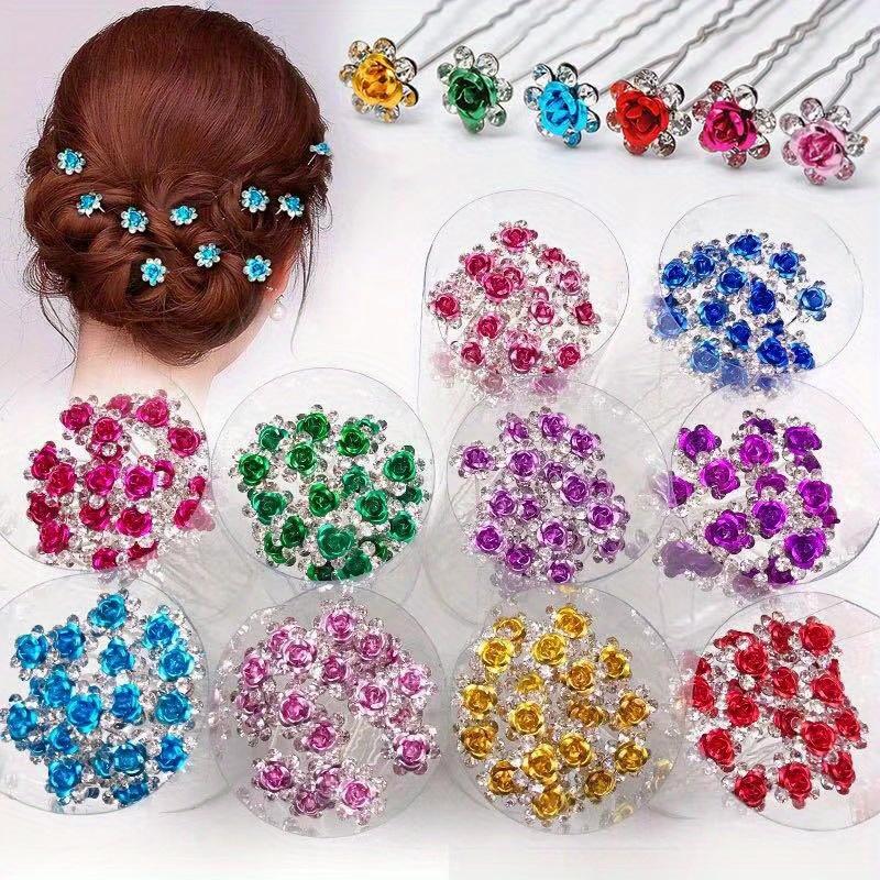 high quality100pcs/ 5Bottle/ Pack Wedding Bride Elegant and Sweet Hairpin Decoration Hair Accessories, Rose U-shaped Rhinestone Hair Fork Set,