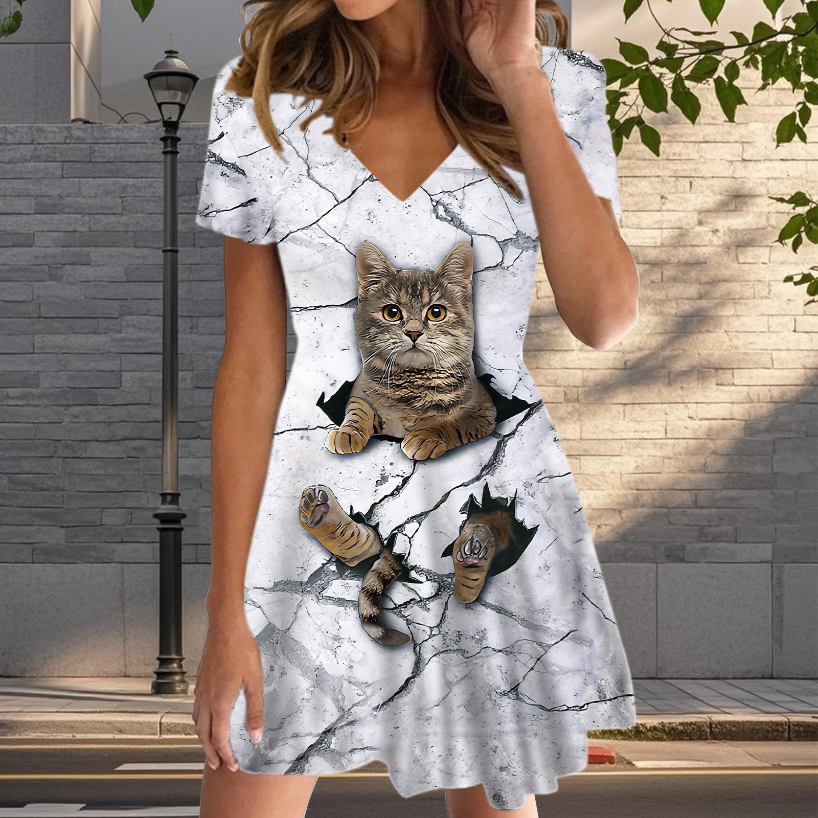 

Летняя мода женские V-образный вырез короткий рукав Китти принтованное платье сексуальные короткие юбки платья S белый