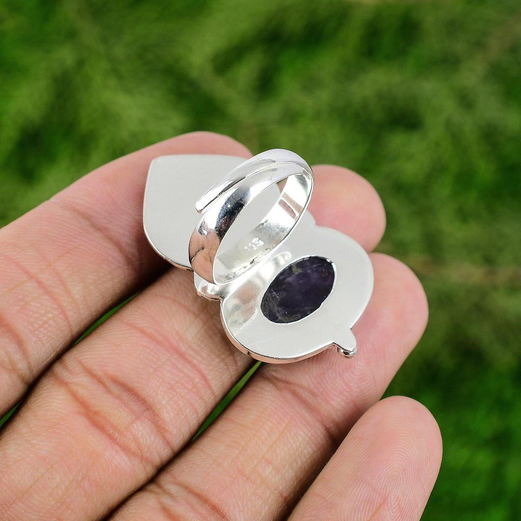 Gift For Her Natural Chevron Amethyst Promise Bird Adjustable Ring 925 Silver