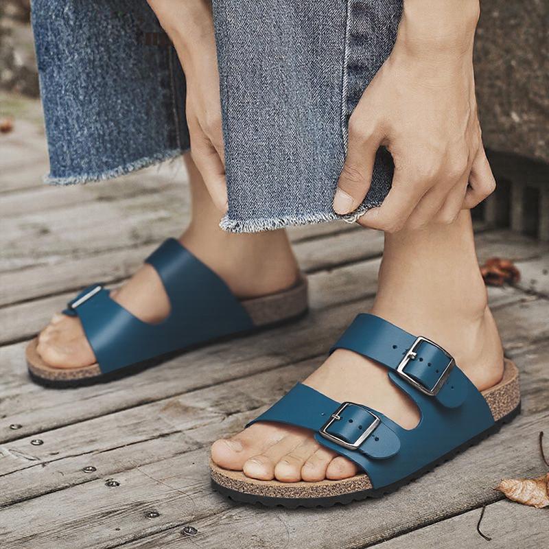 Fashion British Style Men Cork Slippers Fashion Casual Leather Outdoor Antiskid Sandals Summer Comfort Soft Bottom Flat Designer Shoes