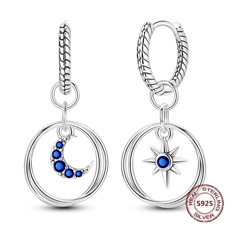 Shining Blue Zircon Owl Earrings 925 Silver Evil Eyes Earrings for Women Wedding Engagement Planet Moon Star Zirconia Jewelry