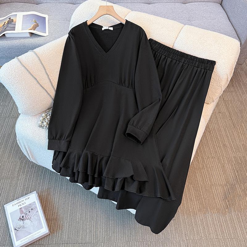 

New Minimalist Ruffled Top and Skirt Set for Plus-size Women s Clothing In Spring and Autumn 2XL чёрный