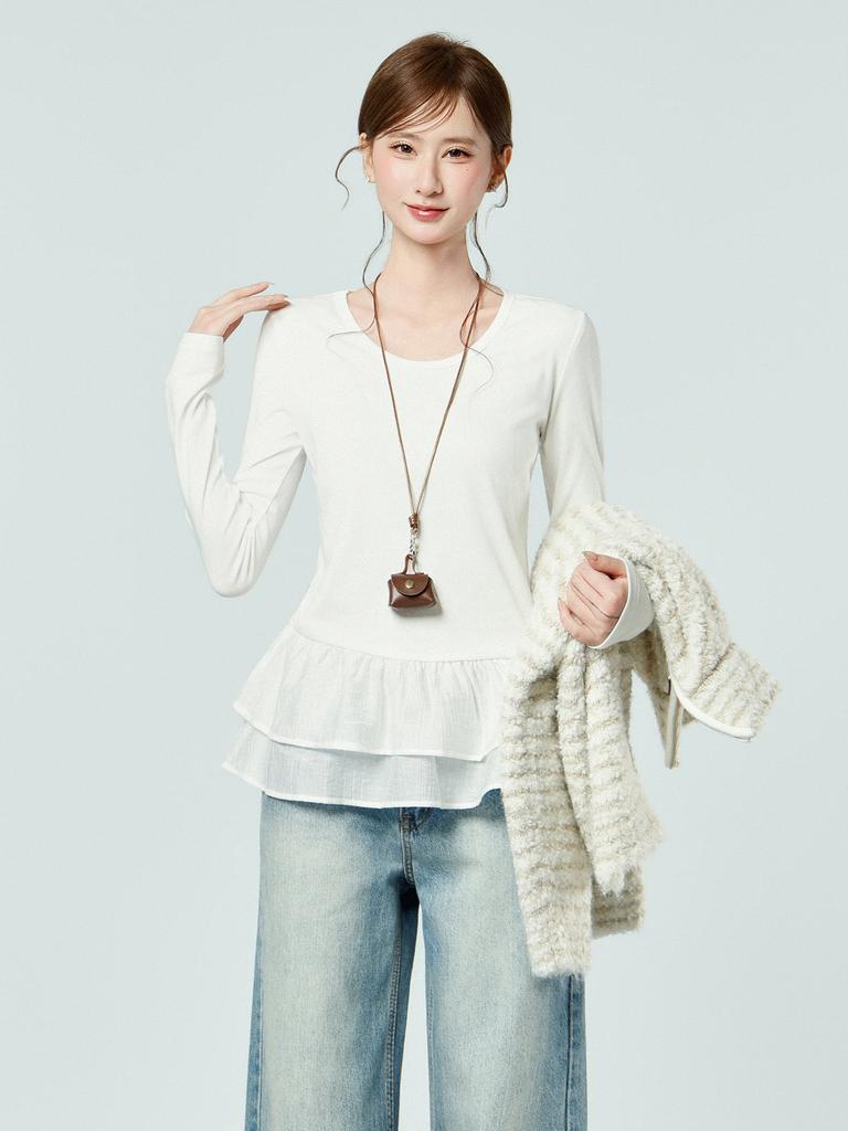 Design sense white round neck lace hem long-sleeved T-shirt winter new bottoming shirt with slim top women's clothing