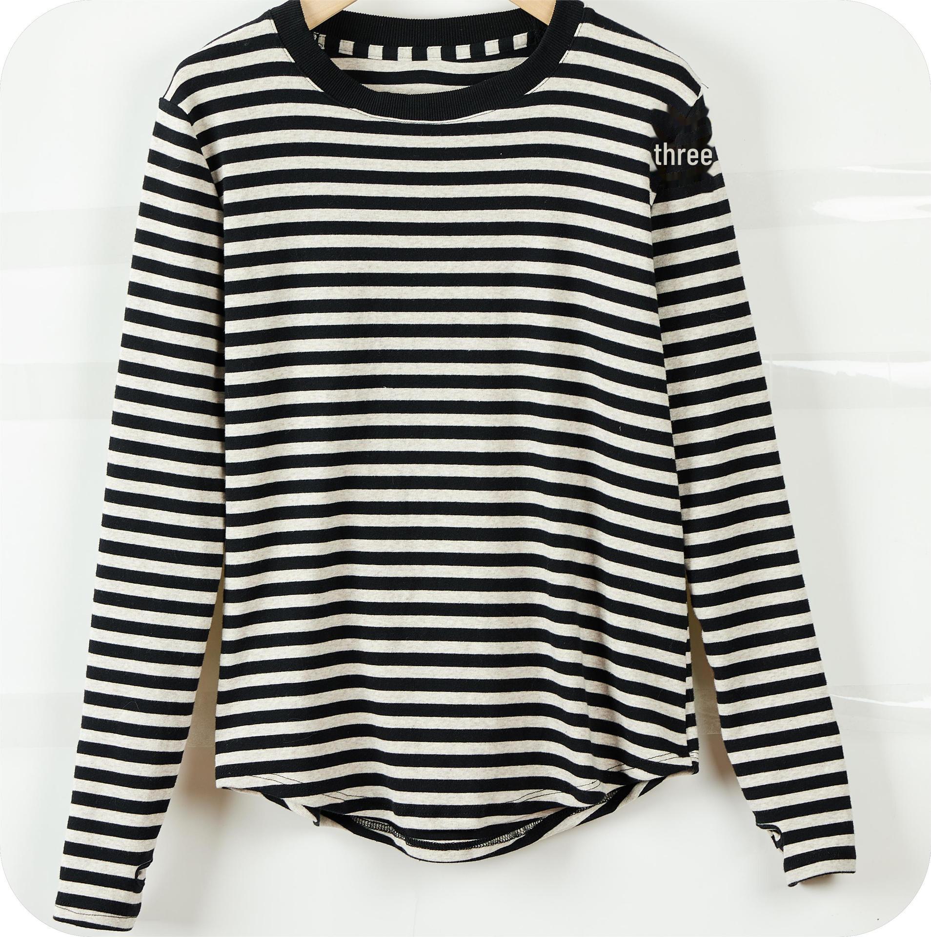 

Женская хлопковая футболка свободного кроя с длинными рукавами в ретро-стиле в полоску на весну и осень 2025 г.