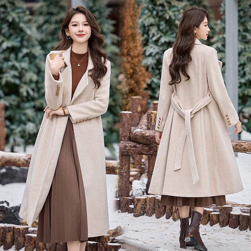 Women's Extra Long Wool Coat with Tie - Autumn/Winter Korean Fashion, Lapel Design (HR1018)