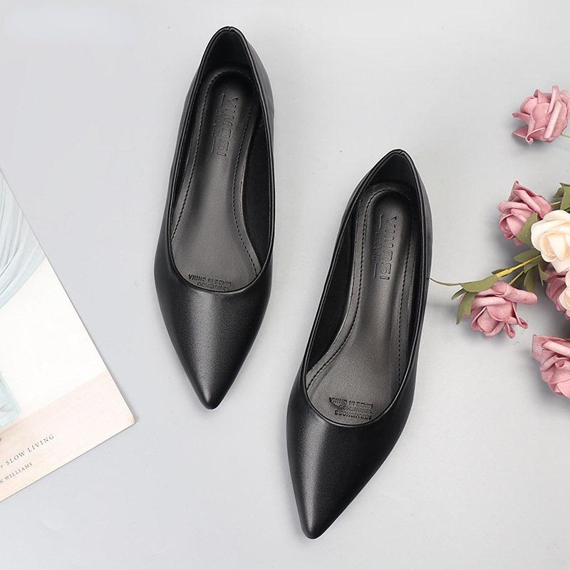 Damen Lederschuhe Übergröße 33-43 Einfarbig Basic Style All Match Schwarze Arbeitsschuhe Flockleder Spitzschuh