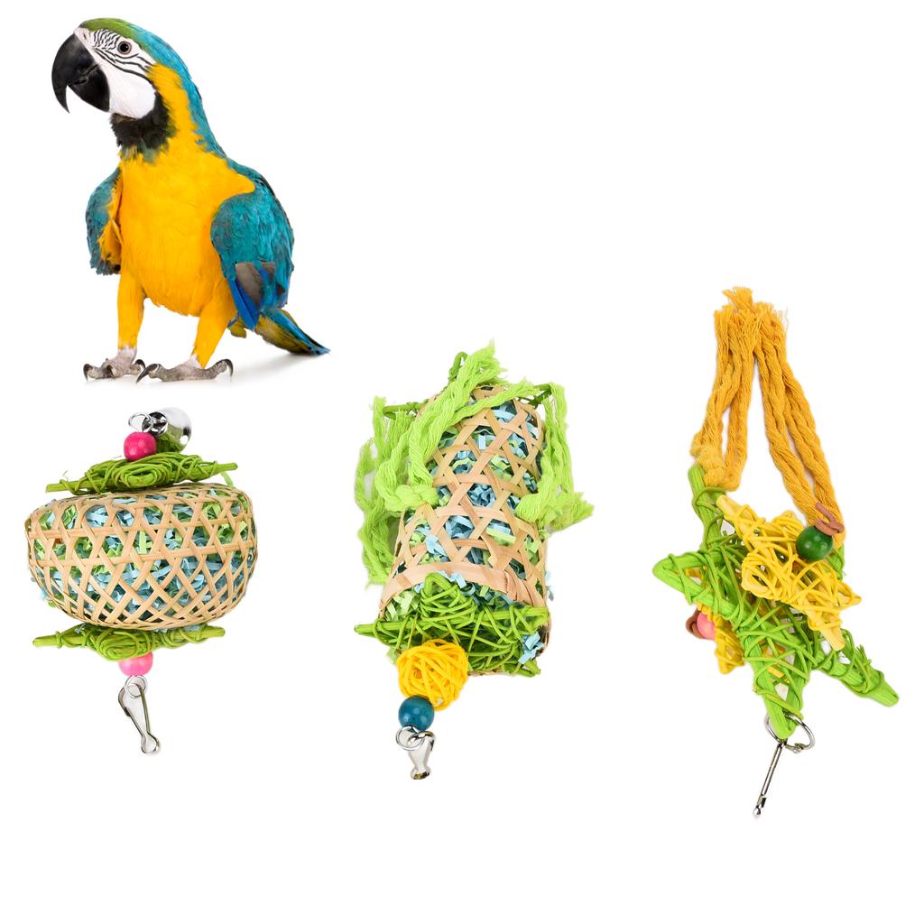 3pcs Bird Chewing Toys Natural Parrot Shredder Toy Set with Bells Rattan Ball for Budgies African Grey Parrot Cockatiels