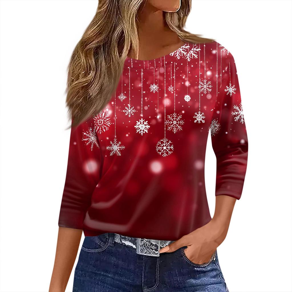 Damen T-Shirt mit Weihnachtsdruck, 3/4-Ärmel, für den Alltag, Wochenendmode, Basic, Rundhalsausschnitt, normales Oberteil