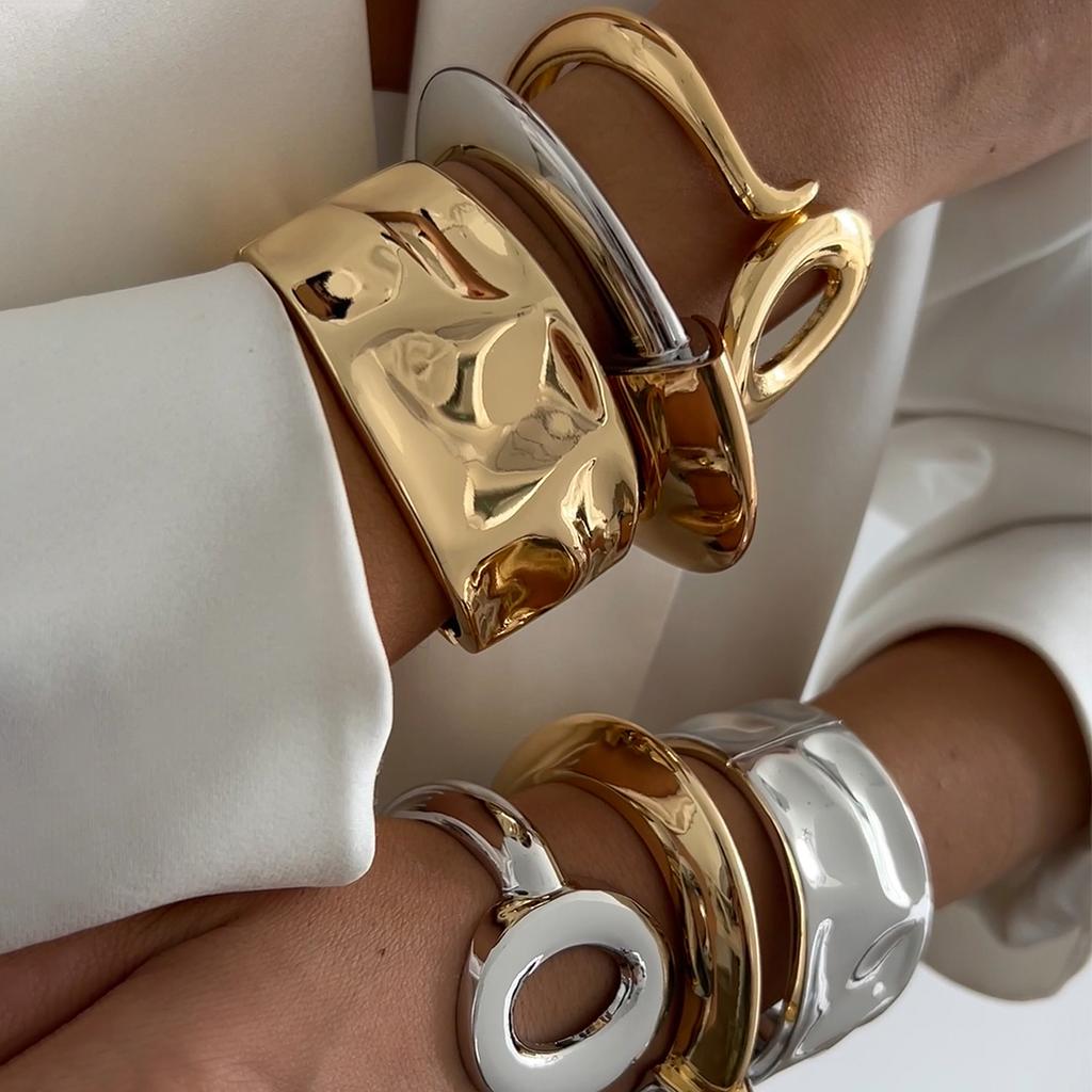 PuRui New Creative Design Irregular Geometric Heavy Metal Bangles for Women Trend Punk Hip Hop Open Spring Bracelet Zircon