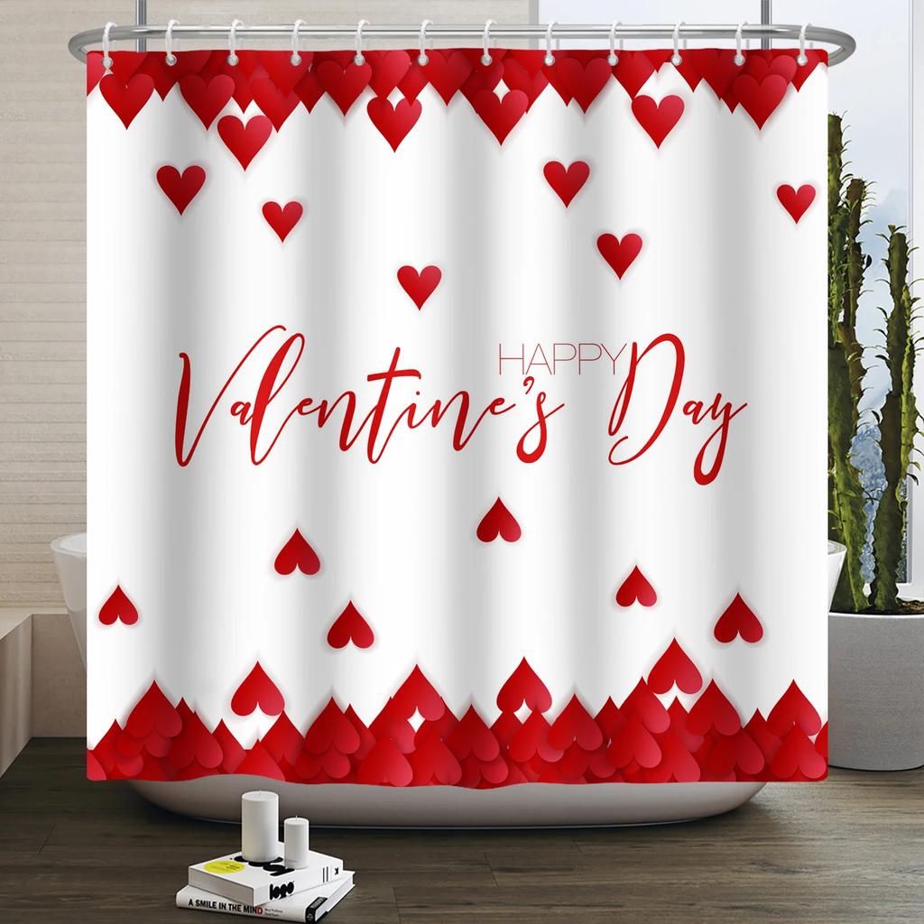 Happy Valentines Day Heart Shower Curtain Red Pink Romantic Falling Love Heart Sweet Lovers Waterproof Bathroom Curtain Decor