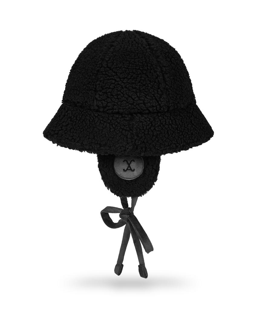 Bajal Va Curved Logo Sherpa Fur Flap Bucket Hat Black