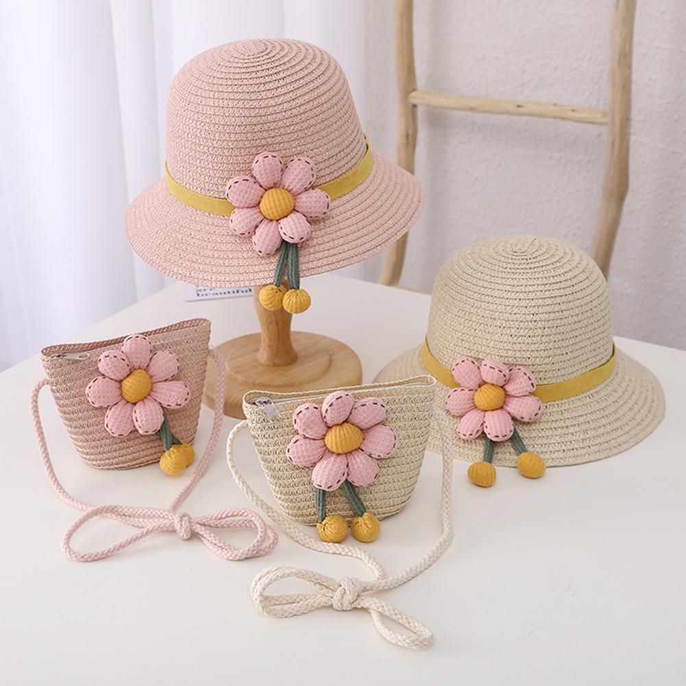 Girls Summer Straw Hat Bag Children Breathable Sunscreen Hat Straw Coin Purse For Outdoor