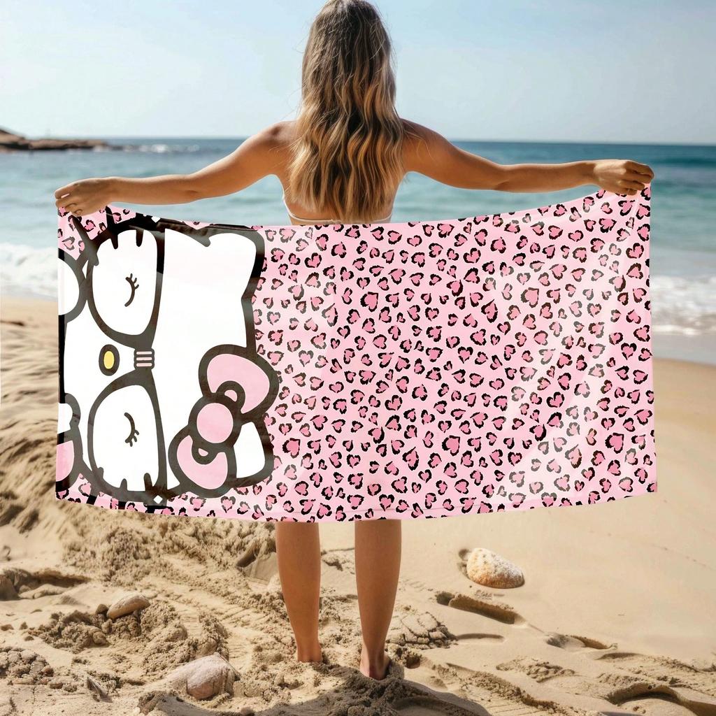 1PC Sanrio Hello Kitty Beach Towel - Leopard Print Flat Print, Quick Dry Soft Absorbent Sun Protection Towel for Men & Women Out