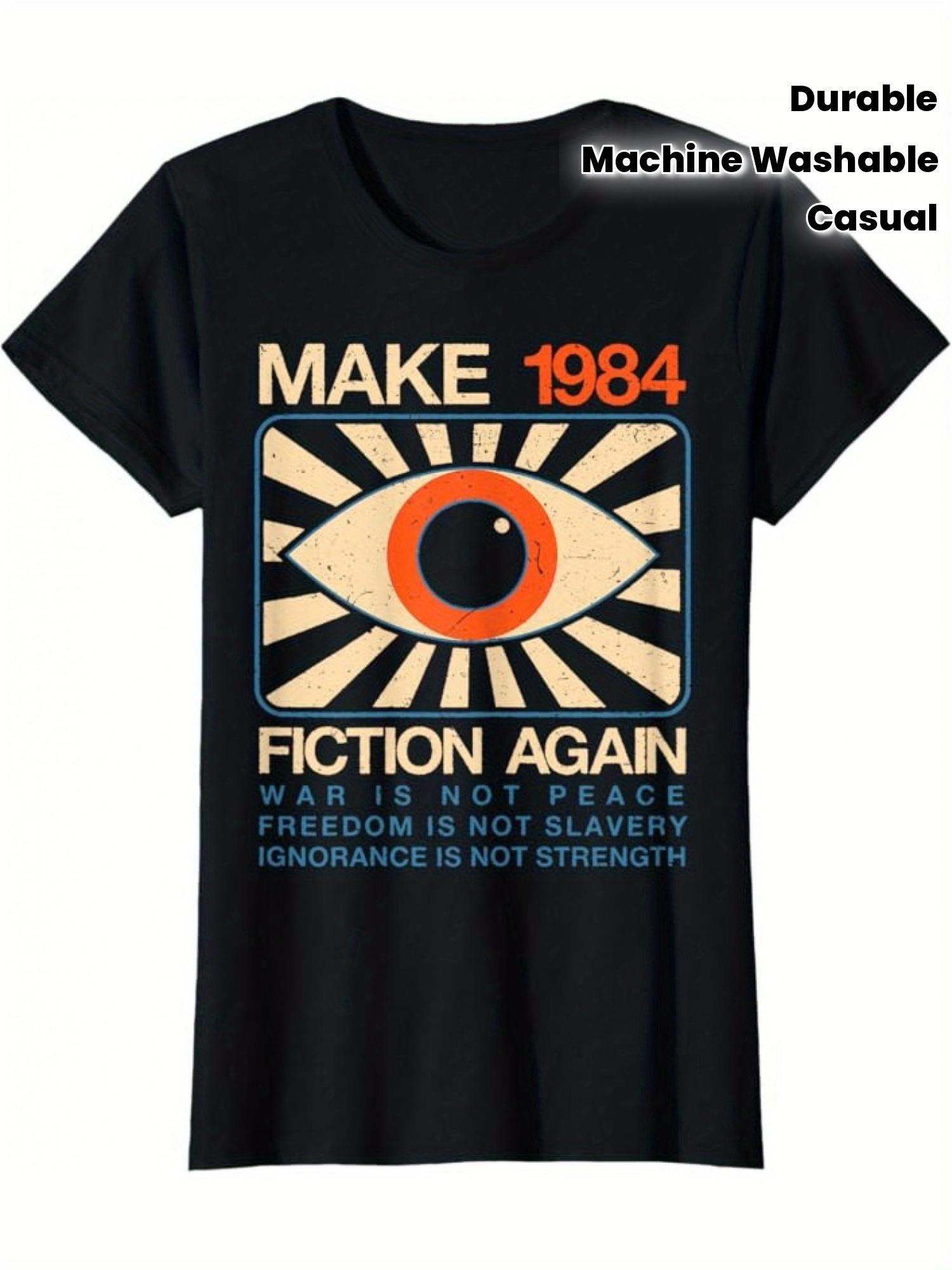 Graphic T-Shirt Inspired by The Dystopian Novel  1984  - Vintage-Style Eye Design &  Make 1984 Fiction Again  Slogan XL