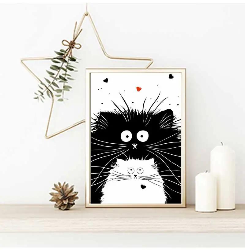 Schattige Zwart-Witte Kat Cartoon Dieren Minimalistische Muurkunst Print Canvas Schilderij Posters voor Woonkamer Moderne Huisdecoratie