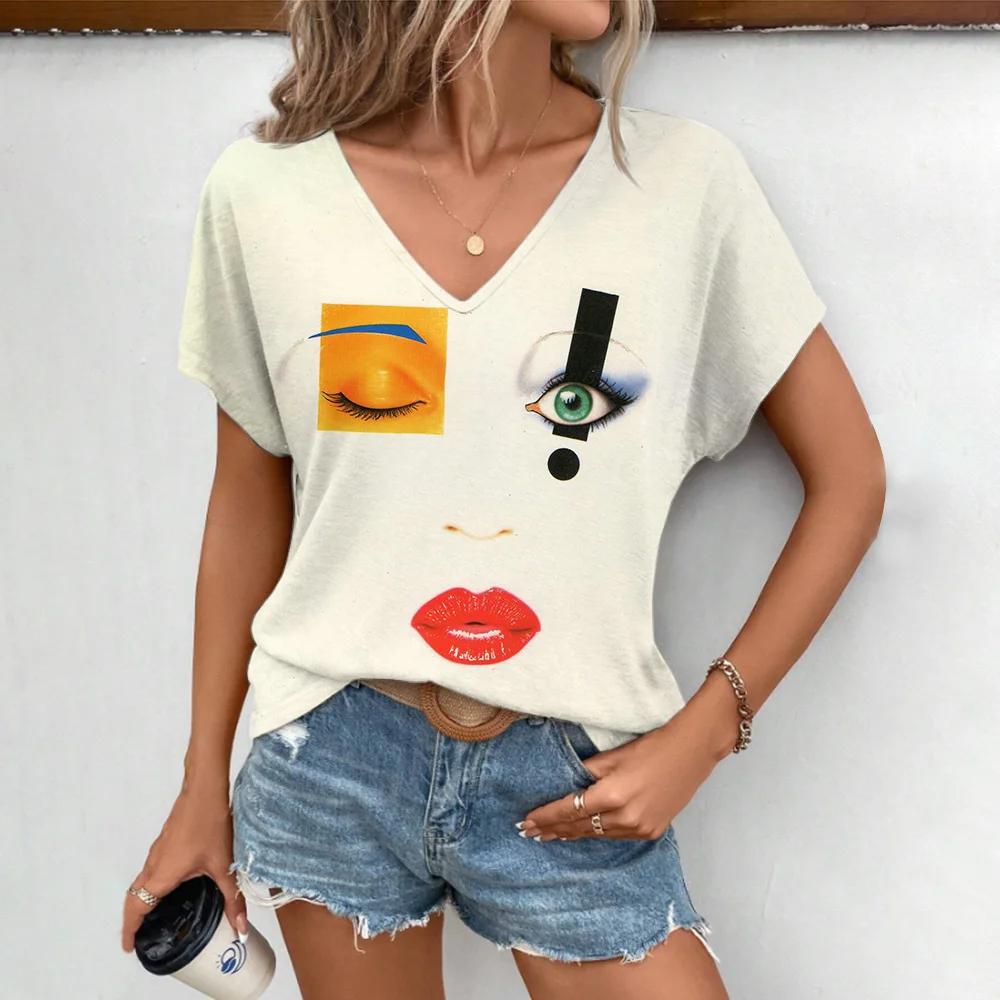 Summer Women Lips Printed T-Shirt Fashionable V-Neck Tops Tees Female Casual Stylish Short Sleeve Clothing Lady Vintage Outfit