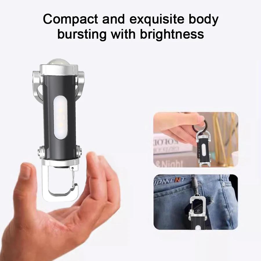 Rechargeable Keychain Flashlight,Multi Modes COB LED,Portable Hook,Type-C,Emergency Light,Red Blue Warning,Camping,Outdoor,EDC