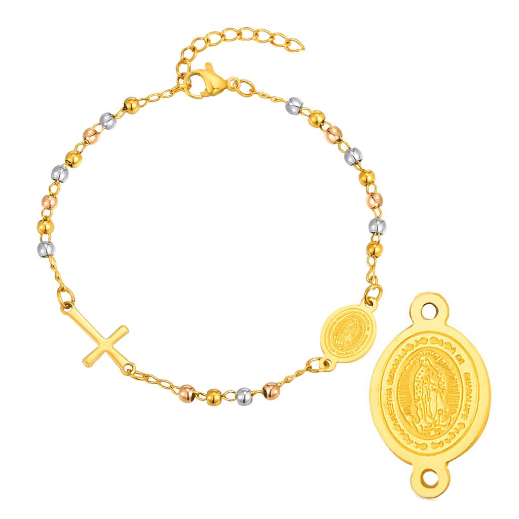 Edelstahl Jungfrau Maria St. Benedikt Kreuz Armband, Perlenkette Armband Damen Religiöser Schmuck