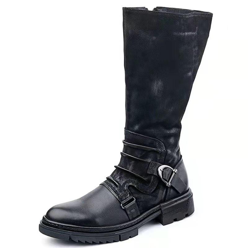 

Large size leather boots European and American round head thick sole British belt buckle knight boots women s high boots 37