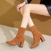 Women's Velvet Short Boots Autumn Winter New Style Versatile High Heel Boots Quality Sharp Point Thick Heel Large Size 34-42
