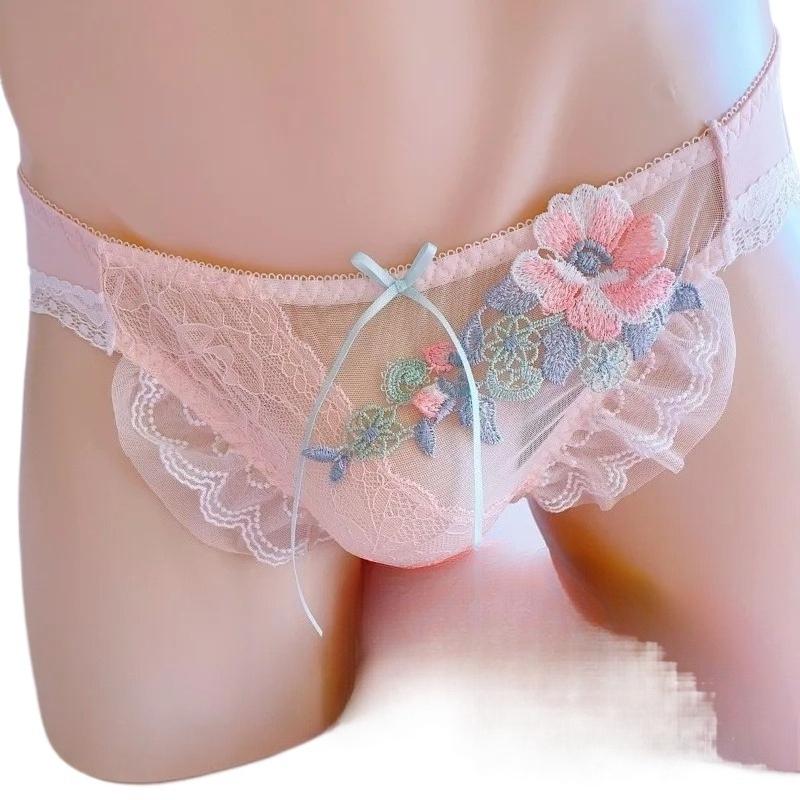 Lenjerie intimă masculină japoneză Lolita pentru bărbați, dantelă brodată, chiloți, crossdress, Sissy, lenjerie gay, plasă transparentă, dulce, cu volane