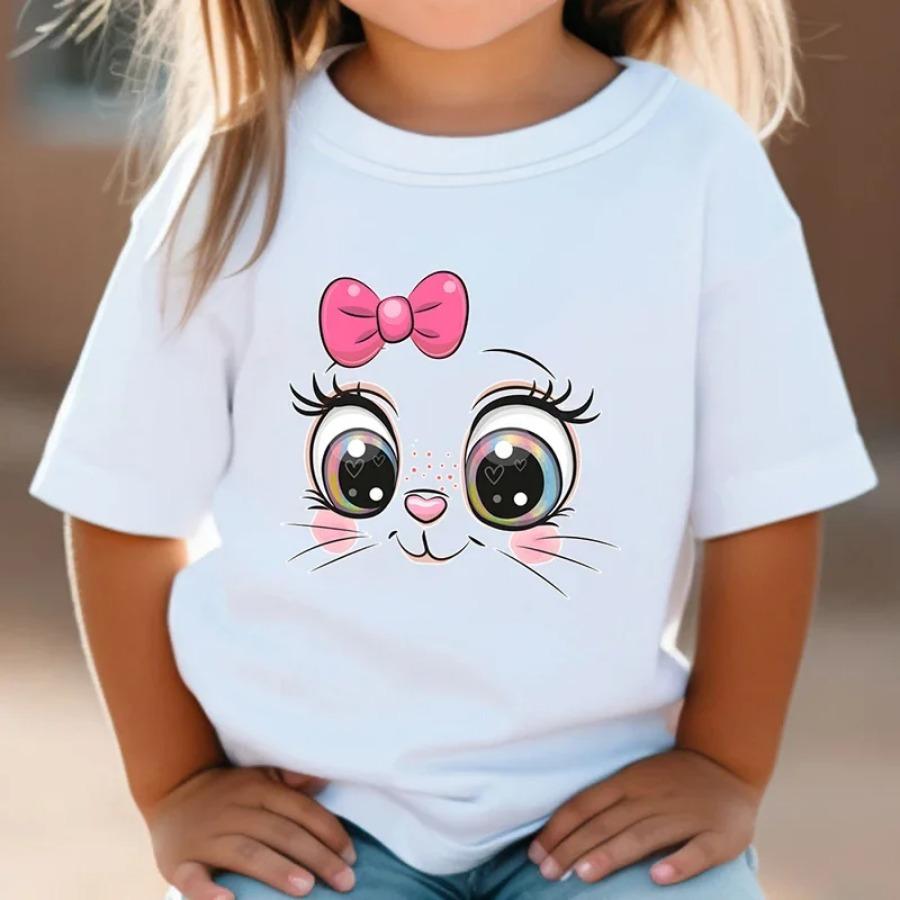 Teen Girl Clothes Pink Bow Cat Girl T-Shirt Summer Fashion Crew Neck Junior Girls' Clothing Short Sleeve Outdoor Children Top