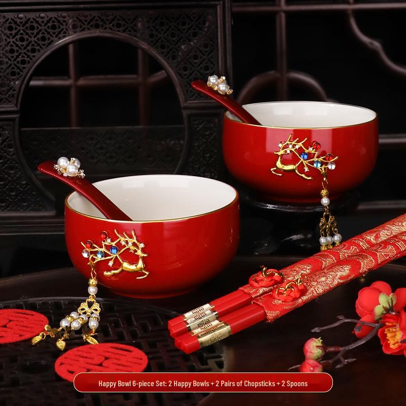 Wedding Tea Set: Red Bowls, Cups, and Chopsticks for Bride's Dowry