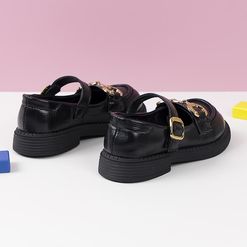 2024 Spring New Girls Leather Shoes Round Toe British Style Retro Metal Buckle Soft Kids Fashion Princess Loafers Shallow Causal