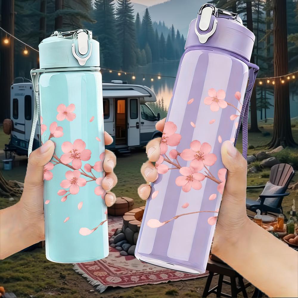 1PC Cherry Blossom Floral 750ml Color Plastic Sports Water Bottle Leakproof Flip Straw Lid For Sports Office Home Use