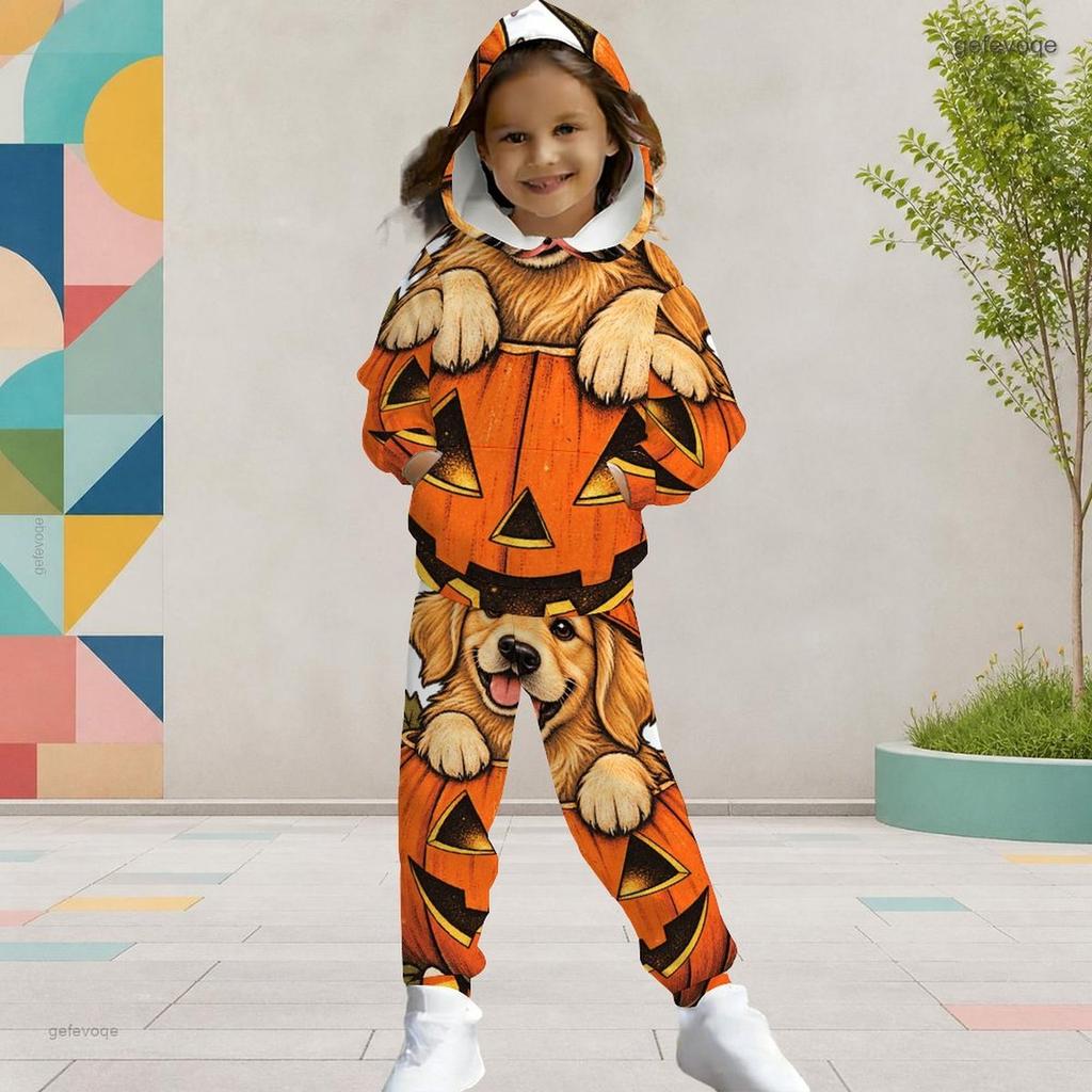 Girls Halloween Printed Hooded Long Sleeve Kangaroo Pocket Top Cuffed Pants Two Piece Set