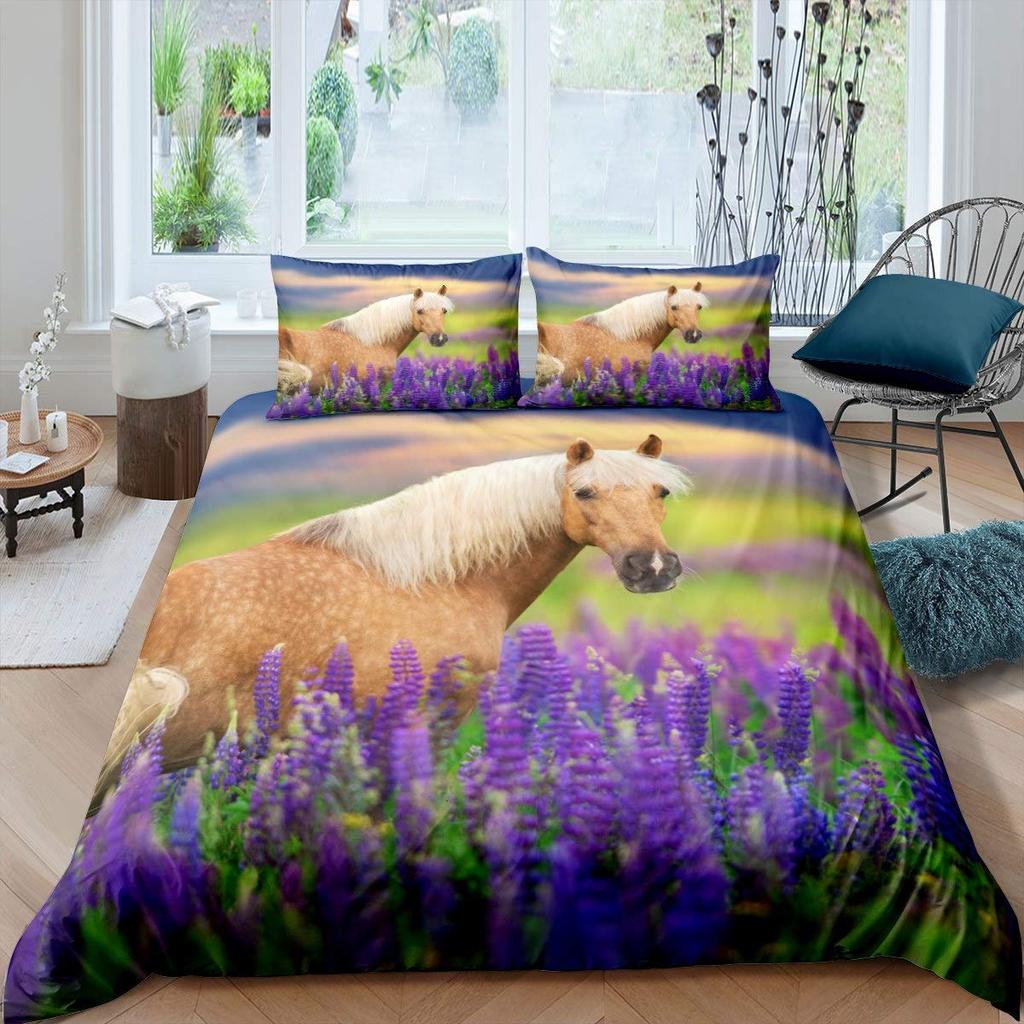 Comforter Horse Cherry Blossom Branches Lavender Purple Bedding Sets Galloping Horse Comforter 2/3Pcs