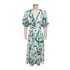 Damen Sommer V-Ausschnitt Maxikleid Lässiges Boho Blumenmuster Lange Kleider Kurze Puffärmel Fließendes Strandkleid Hochzeitsgästekleid