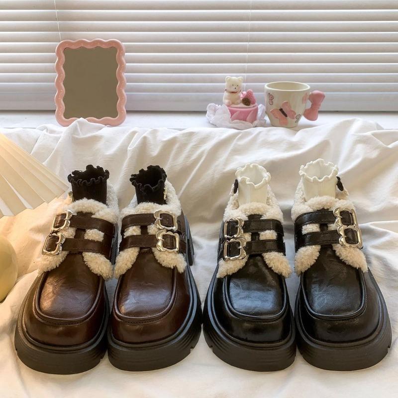 

Women Pumps Winter Fashion British Style Lolita Shoes Women New Japanese Vintage Plush Warm Cotton Shoes Women Mary Jane Shoes 35 коричневый