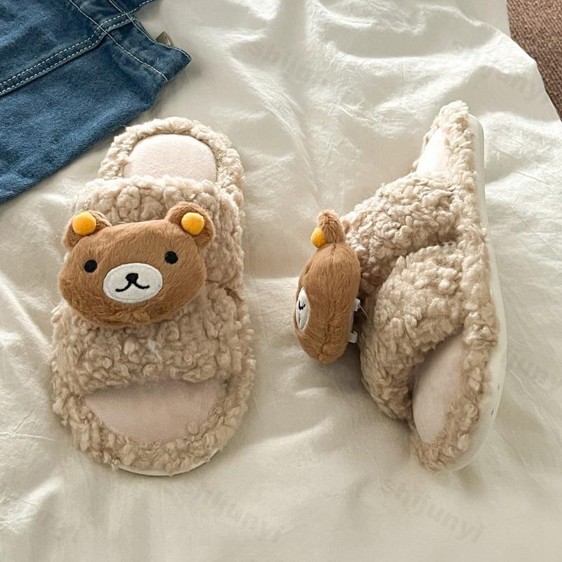 Plush Slippers Women 2025 New Autumn Winter Lightweight Non Slip Soft Sole One Word Slippers Cute Warm Comfortable Flats