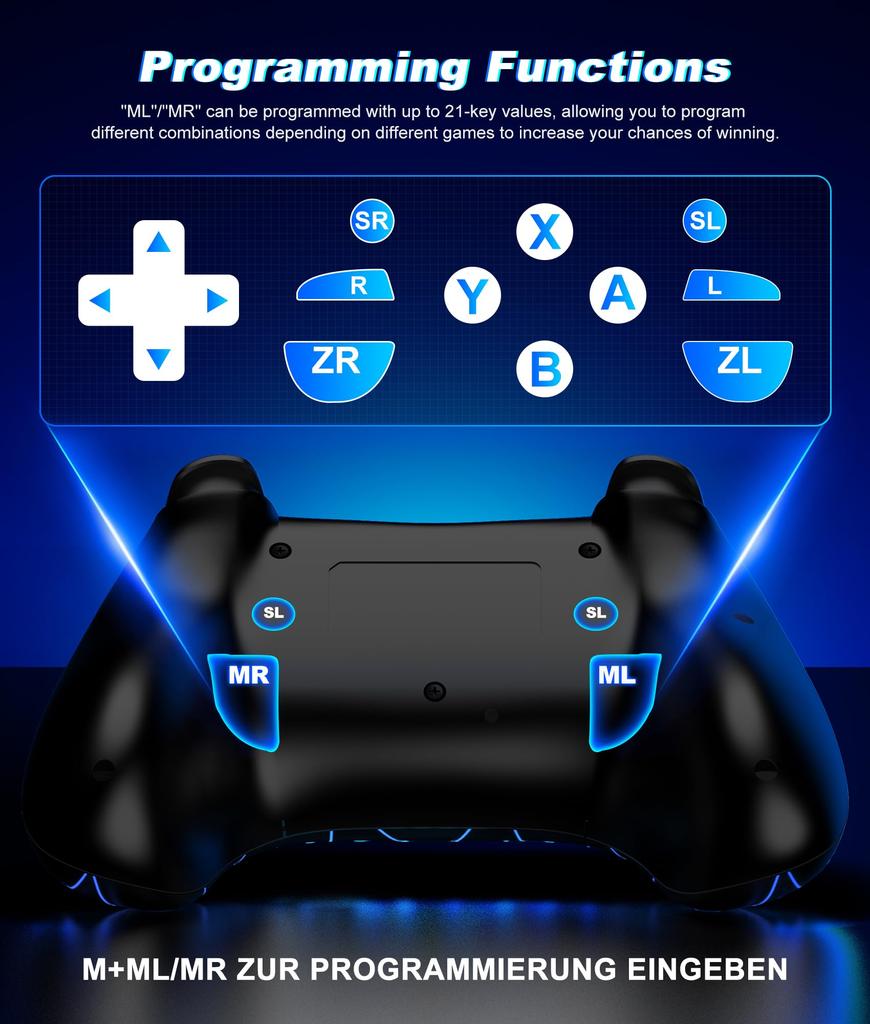 Switch Controller with Macro RGB Rapid Fire Wireless Pro Gyro 4 Vibration and Back Compatible with Switch Switch and iOS Programming, 8-Color Light,