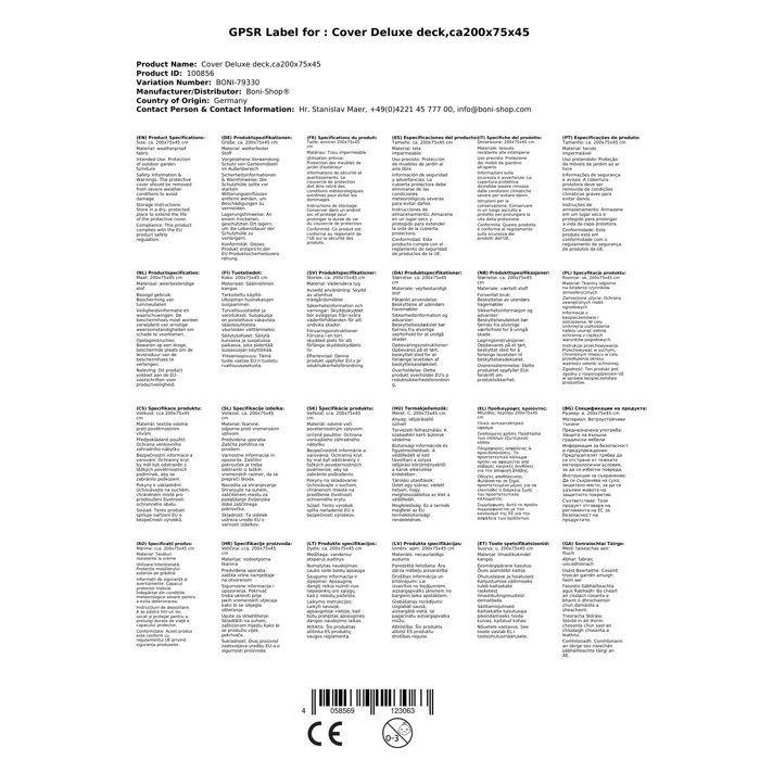 Protective Cover - BONI-SHOP® - 200x75x45cm - Waterproof - UV Resistant - Grey