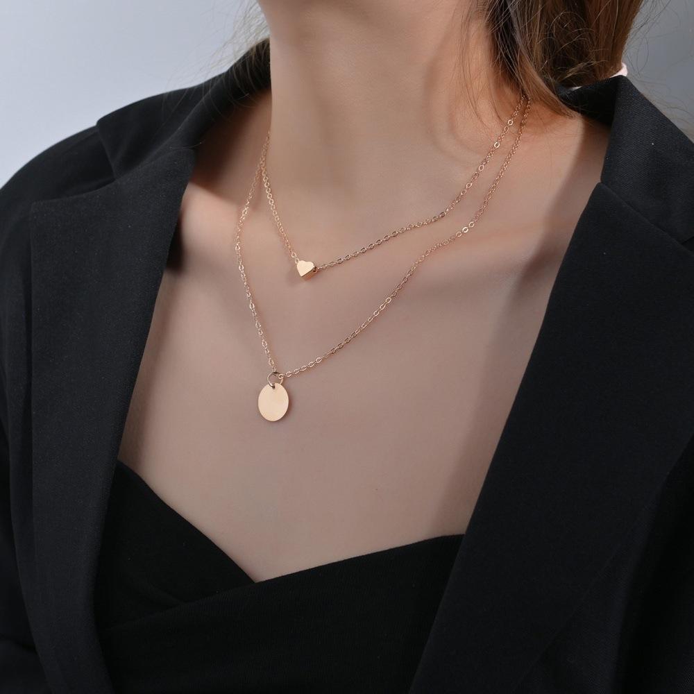 Personalisierter Scheiben-Liebesanhänger, mehrlagige Damen-Halskette Schlüsselbeinkette