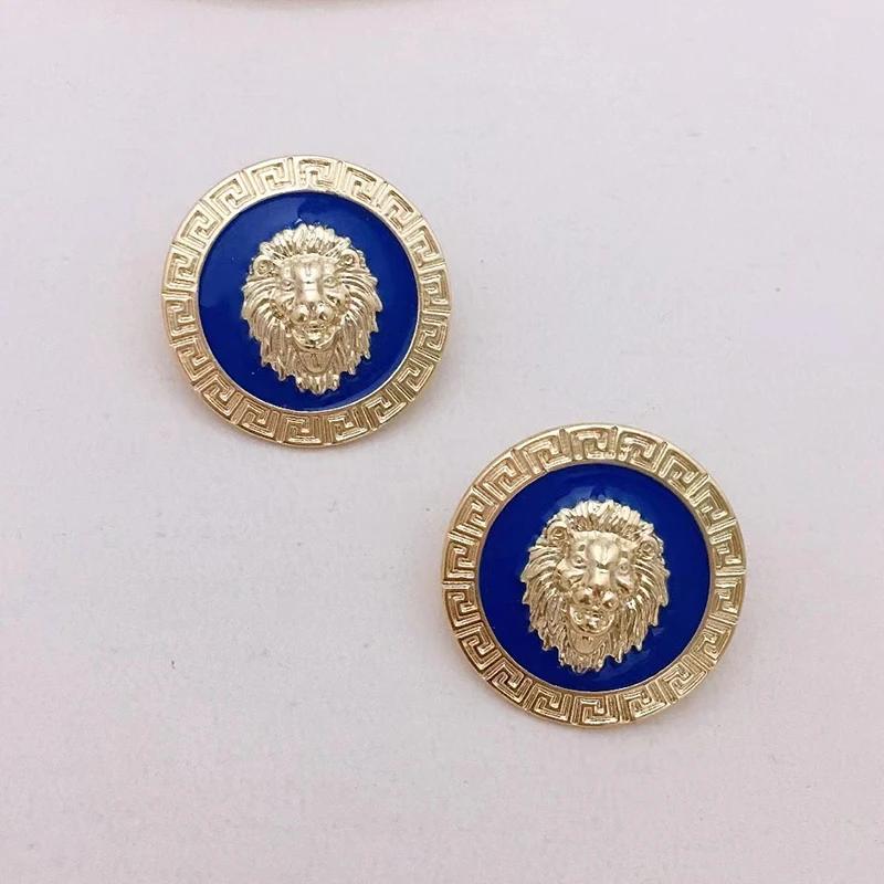 Embossed Pattern Enamel Lion Head Stud Earring for Women Round Earrings Post Hip Hop Exaggerated Earring Jewelry
