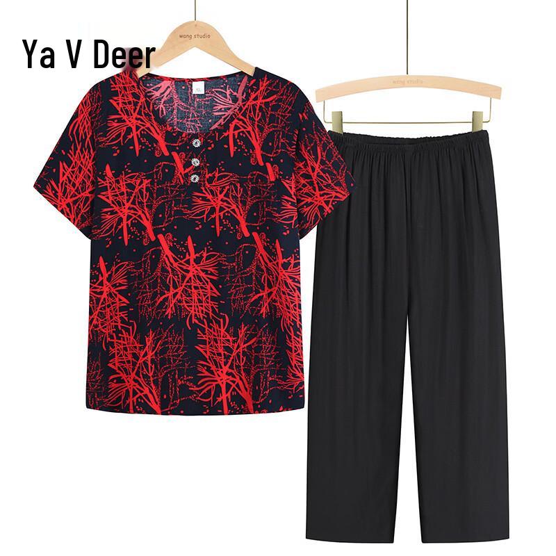 Yalu 2026 Summer Cotton Short Sleeve Two-piece Set for Elderly Women 4XL