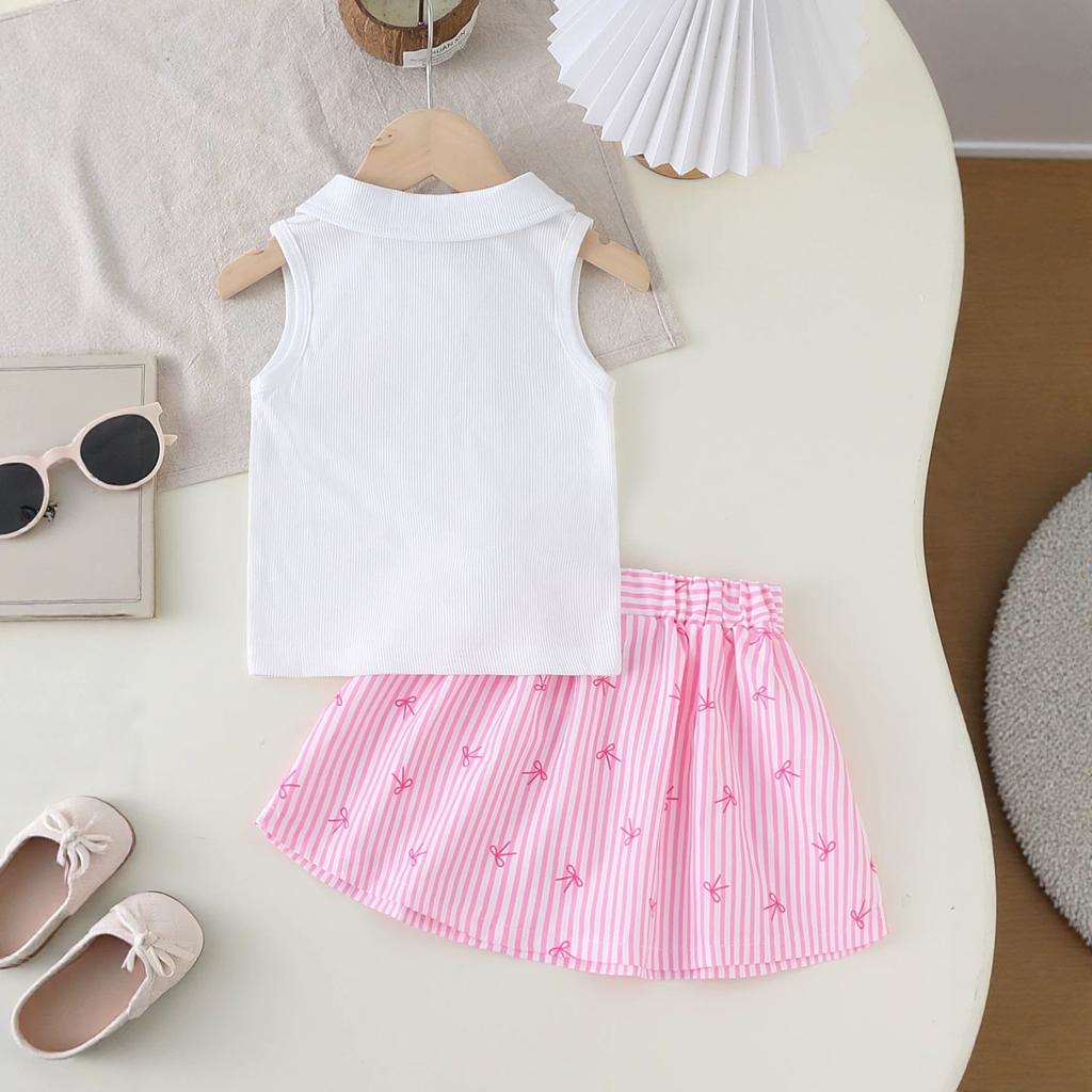 22/5000 Girls' Fashionable Two-piece Summer Children's Sweet Striped Top + Pleated Skirt Set
