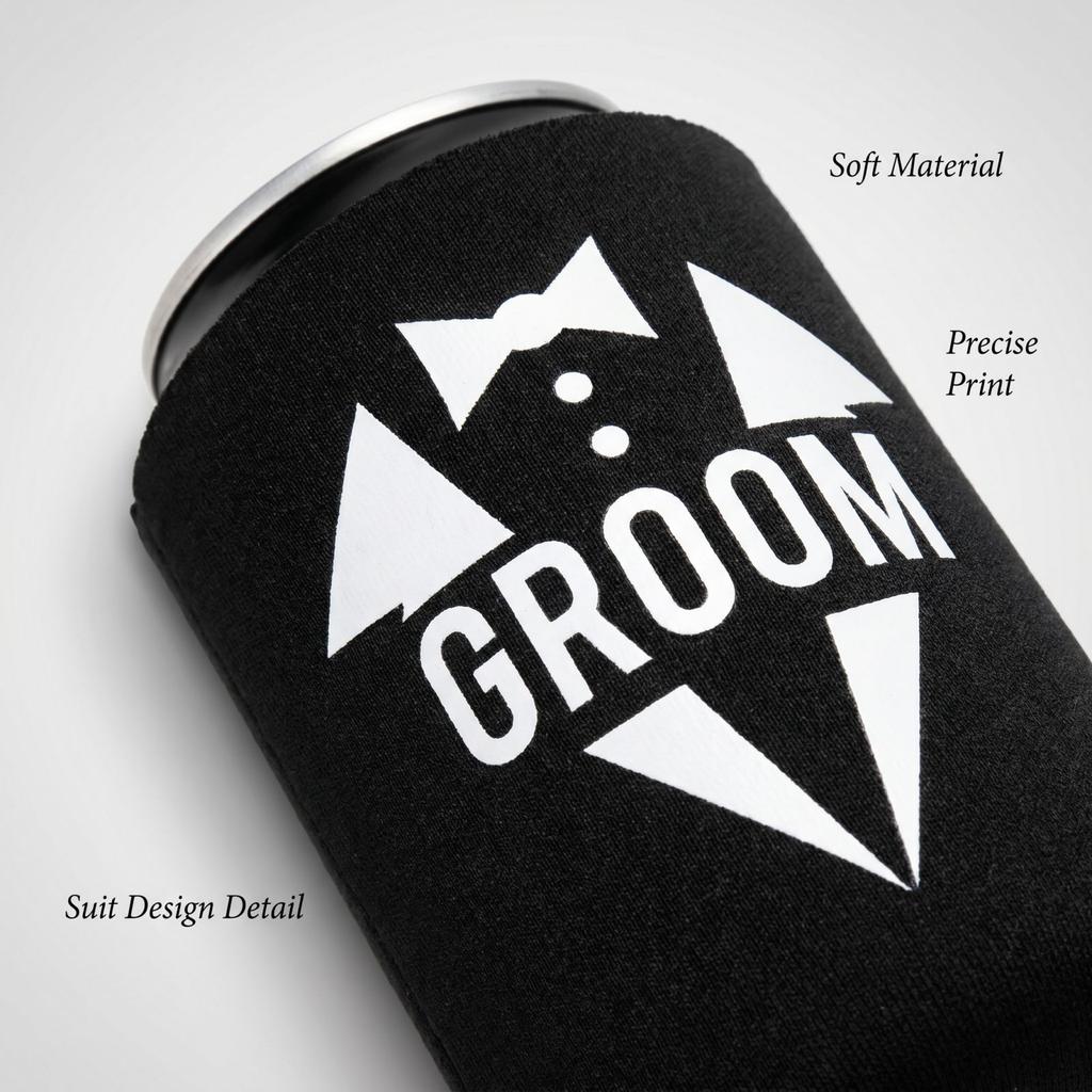 Party Drink Can Cooler Sleeve Insulated Beverage Holder for Standard 12oz Cans with Groom Print Design Suitable for Weddings and Events