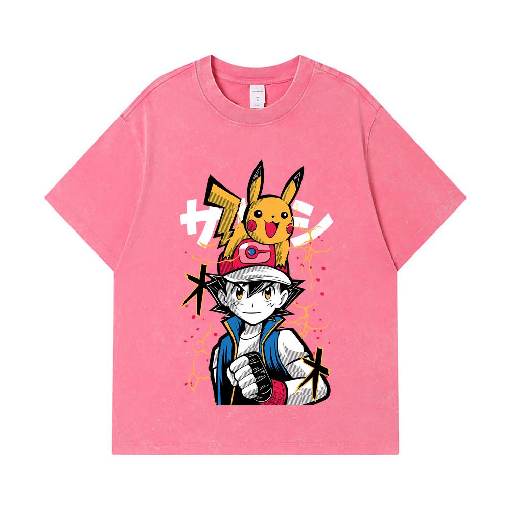 275 GSM Gewaschene T-Shirts 100% Baumwolle Pokemon V2 Ash Print Unisex Schweres Baumwoll-T-Shirt
