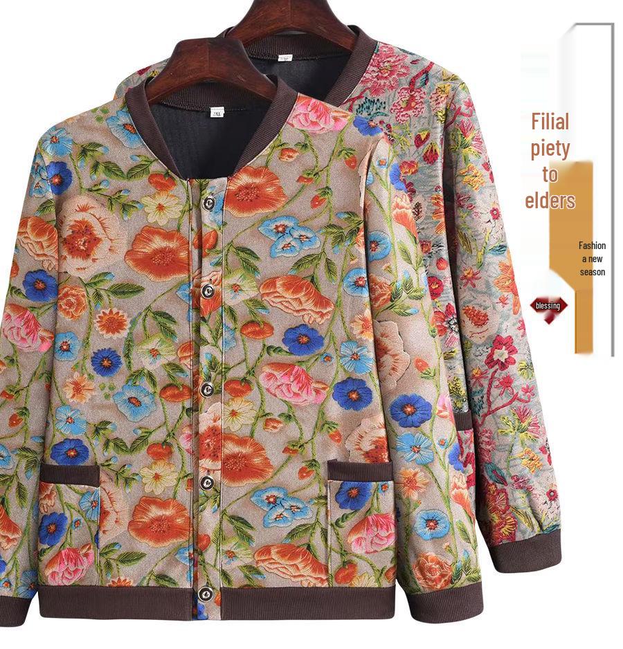 Elegant Floral Plus Size Jacket for Mid-Aged & Elderly Women - Spring/Autumn Casual & Fashionable Baseball Uniform Style