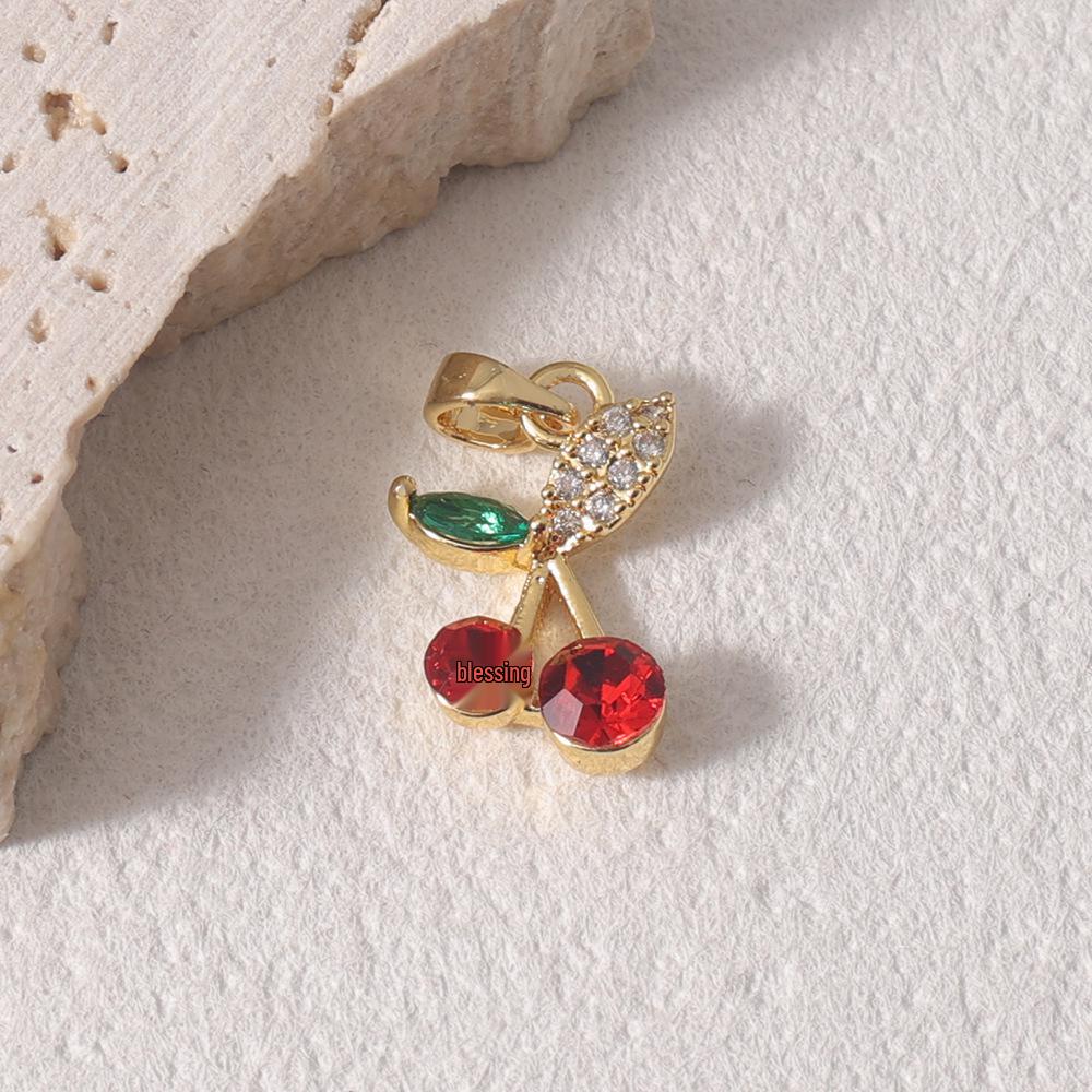 

Sweet Girl Cherry Pendant: Gold, Rhinestones & Heart with Red/Green Gemstones - Cute Light Luxury Accessory