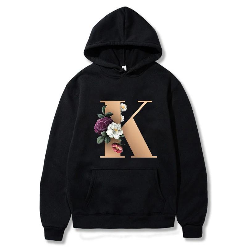 A B C D E English Alphabet Printed Female Hoodie Women New Autunm Couples Lovers Long Sleeve Hoody Harajuku Casual Black Tops